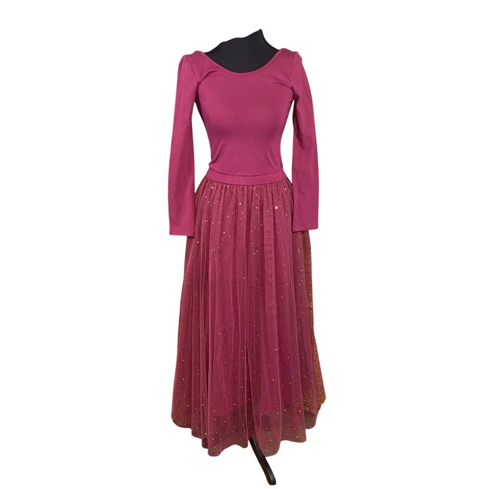 EleStory XS Magenta Long Sleeve Dress Gold Star Tulle Overlay NWT Handmade USA